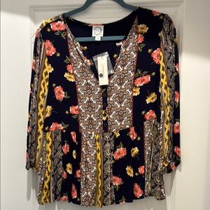 NWT Francesca’s Pink and Yellow Ruffled 3/4 Sleeve Blouse